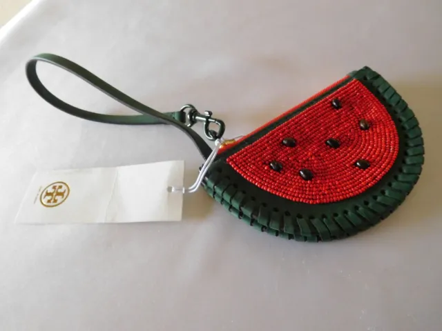 New Tory Burch Red Green Watermelon Leather Wallet Wristlet Coin Pouch