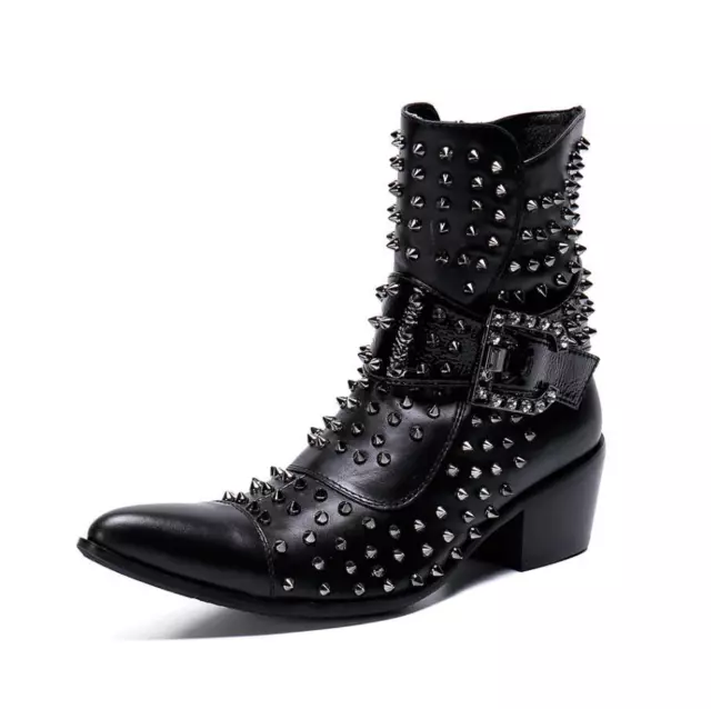 MEN'S REAL LEATHER Studded Buckle Ankle Boots Mid Block Heels Shoes Zip ...