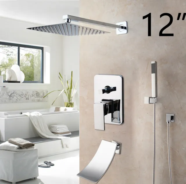 12" Bathroom Chrome Shower Faucet Set Wall Mount Mixer Rainfall Shower Head Taps