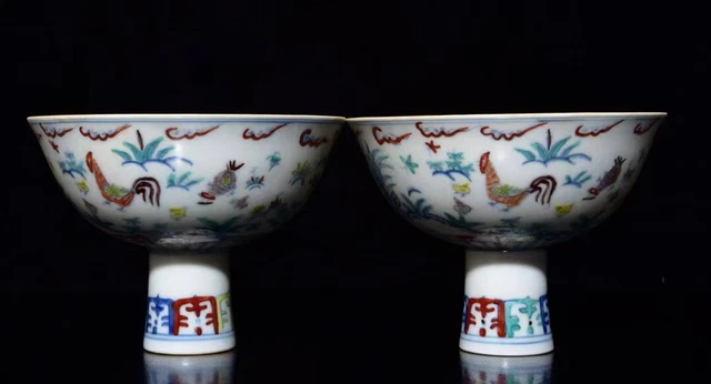 A Pair Estate Chinese Antique Ming Dynasty Dou Polychrome Porcelain Cock Cup