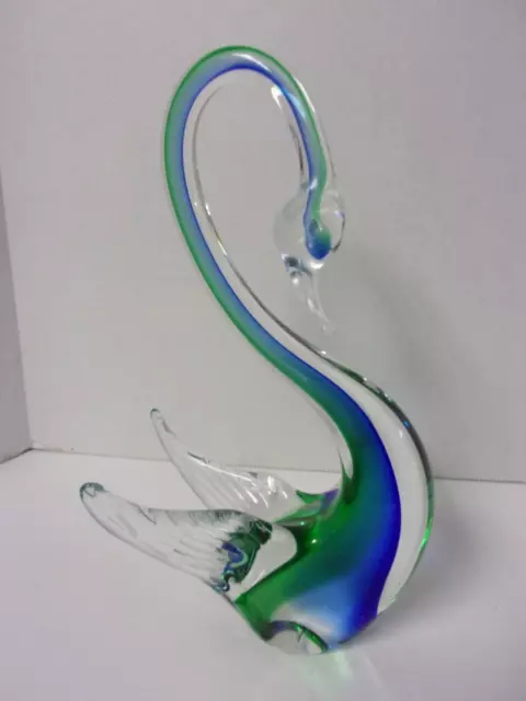 Large Vintage Murano Glass Swan 11 1/4" Tall Made In Italy Green Blue Clear