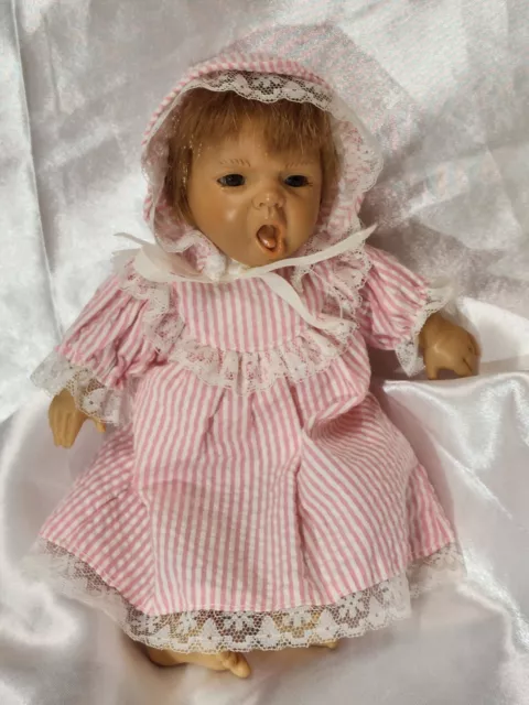 Vintage Expressions Doll By Berenguer Yawning Pink Striped Gown 9" sleepy baby