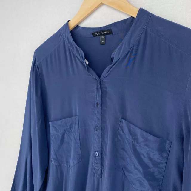 EILEEN FISHER Blouse M Silk Crepe de Chine Tunic Top Popover Long Sleeve Blue 2