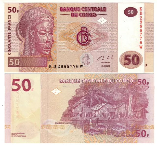 Banknote - 2013 Congo DR, 50 Francs, P97A UNC, Mask (F) Village Scene (R)