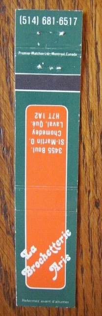 Greek Restaurant Matchbook Matchcover: Brochetterie Aris (Laval, Quebec) -E8