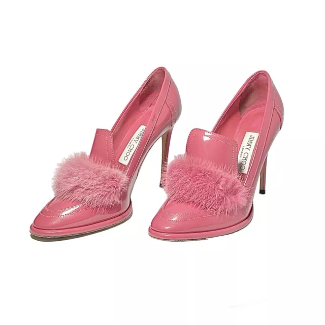 Jimmy Choo Pink Patent Leather Mink Fur Trim Lyzla 110 Loafer Pumps Size 37.5 EU