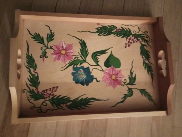 Vtg Hand Painted Wooden Serving Tray Rectangle Floral 13.5” X 9.” Mid Century