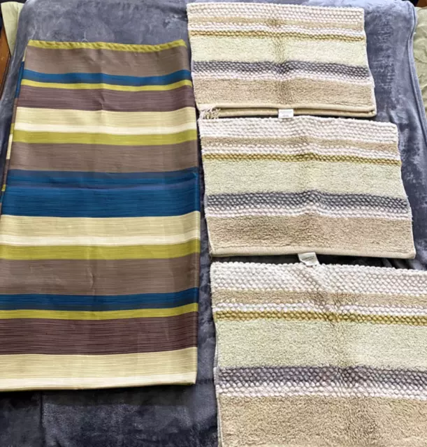 Sonoma Good for Life Brown Teal Green Stripe Shower Curtain & 3 Matching Rugs