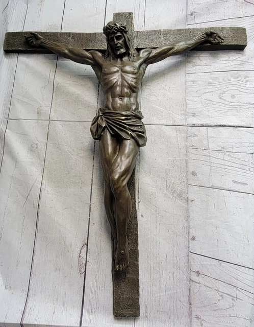 Bronze Metal Wall Mounted Hanging Crucifix Jesus Christ on Cross 19" x 17"