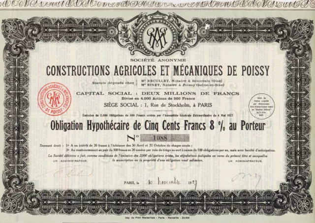 Constructions Agricoles Et Mecaniques De Poissy - Obligation De 500 Francs 1927
