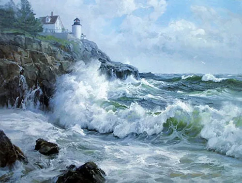 Dream-art Oil painting seascape ocean waves with lighthouse hand painted art 36"