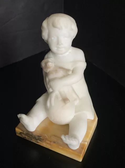 Antique 19th C Hand Carved Alabaster Sculpture Girl/Boy Teddy Bear As Is 4.5"