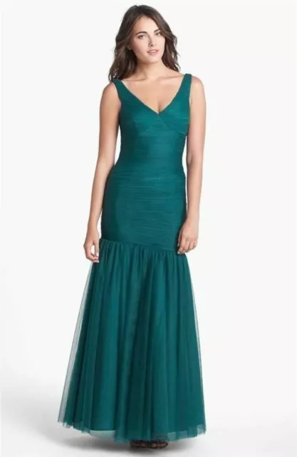 ML Monique Lhuillier Bridesmaids Tulle Trumpet Dress Sz 6 Mallard green