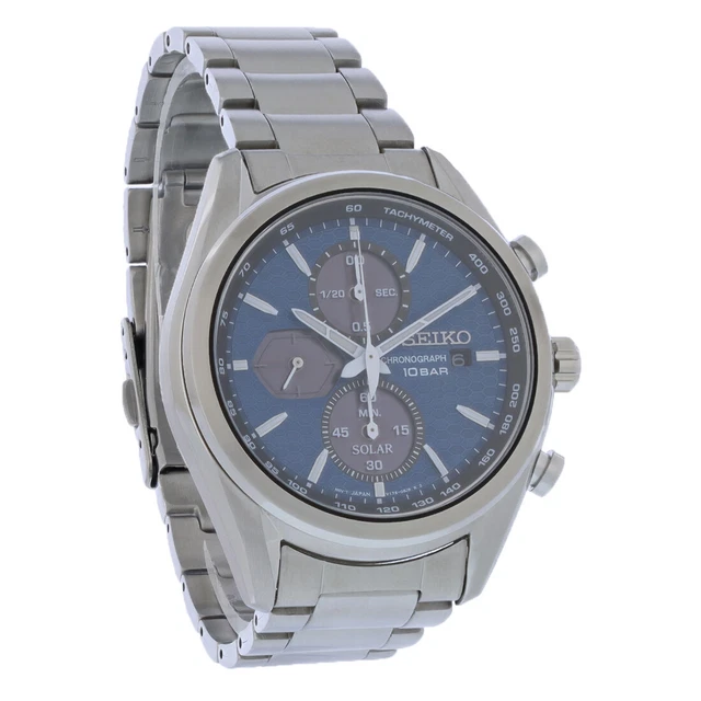 Seiko Sportiva Solar Mens Blue Dial Stainless Chronograph Watch SSC801