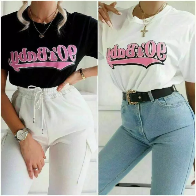Womens Oversized Baggy Short Sleeve 90'S Baby Slogan Print T-Shirt Ladies Top