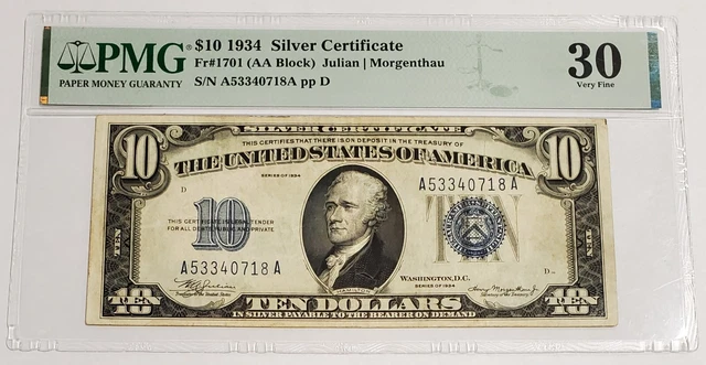 1934 $10 Dollar Silver Certificate Blue Seal Note Fr#1701 (AA Block) PMG 30