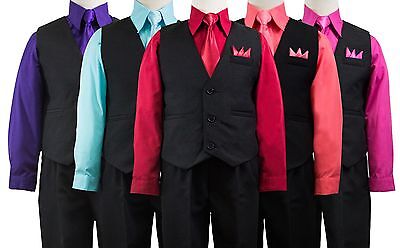 Boys Solid Black Vest Suit Set with Colored Dress Shirt, Tie, Size 2T-14 Wedding