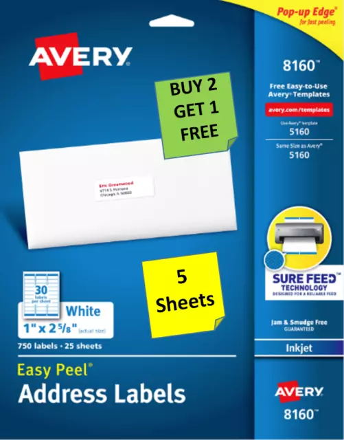 [5 Sheets] Avery 18160/8160/8460 Mailing Labels 1 x 2 5/8 White INKJET B2G1