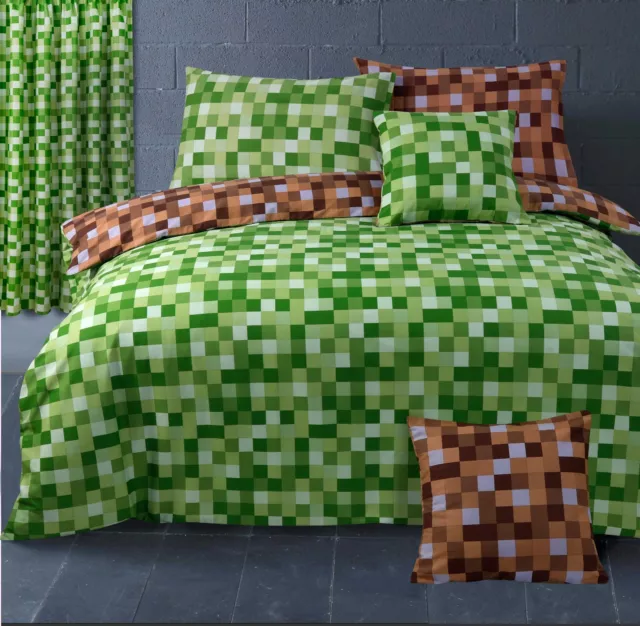 Pixel Squares Bedding Set Duvet Cover & Pillowcases Reversible Check Green Brown