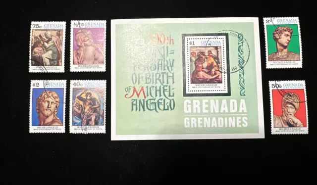 Grenada Grenadines, Sc #074, MNH, 1975, Michelangelo, Sculptures Set Of 7