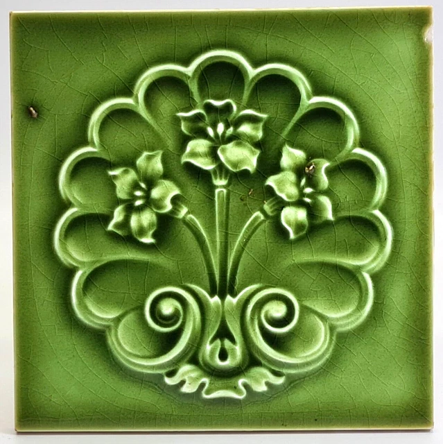 Antique Fireplace Tile Moulded Majolica Triple Daffodils Henry Richards C1906