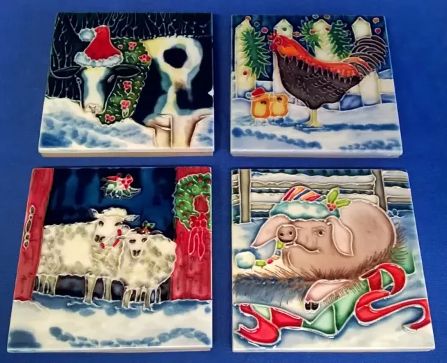 Benaya Porcelain Display Tile Plaques Or Coasters Set - Christmas Farm Animals