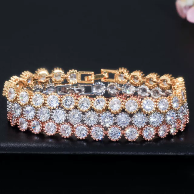 Luxury 18k Yellow Gold CZ Ladies Round Crown Tennis Chain Link Bracelet Bangle