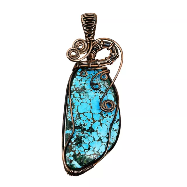 Gift For Her Copper Tibetan Turquoise Jewelry Wire Wrapped Pendant 3.31"