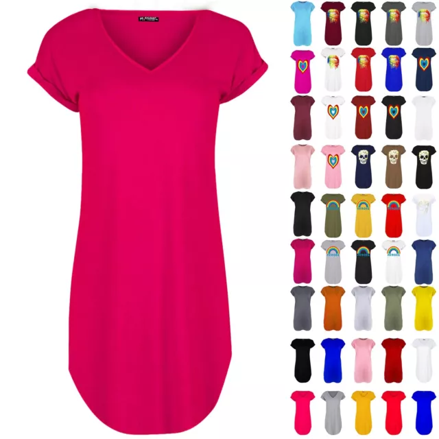 Womens Ladies Baggy Plain Curved Hem Oversized Turn Up Sleeve T-Shirt Mini Dress