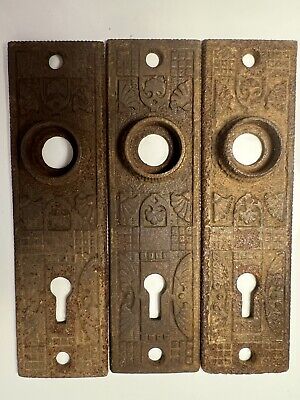 Set 3 Matching Antique Escutcheon Door Backplates Hardware Marked 1886 Keyhole