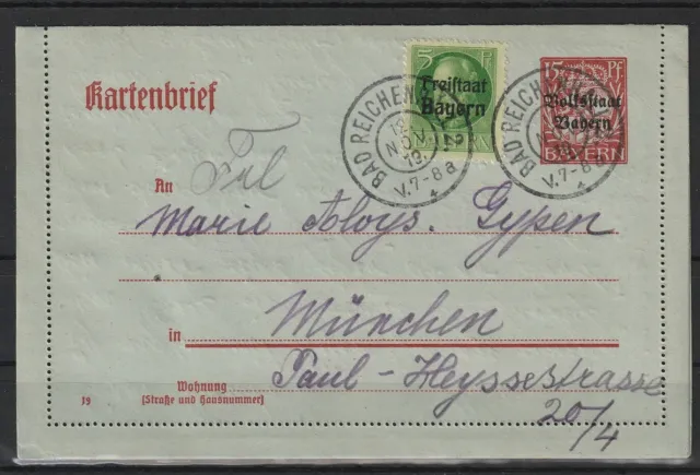 Bayern Kartenbrief K 8 + ZuF 153 A von Bad Reichenhall - München, 1919 #1086240