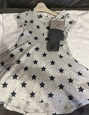 BNWT Next girls Grey with navy stars dress and footless tights age 3-4 years