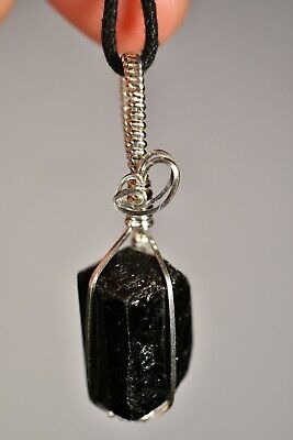 BLACK TOURMALINE Crystal Pendant +Cord 4.8cm 10g *Sterling Silver* Wire Wrapped 2