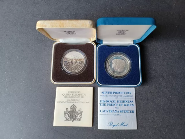 UK GB 1980 & 1981 Silver Proof Crown Collection Queen Mother Charles & Diana