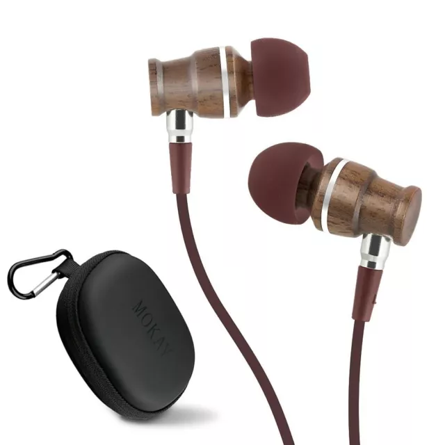 Earphones Wood In Ear Headphones Stereo Bass Noise-isolating with Mic (Brown)