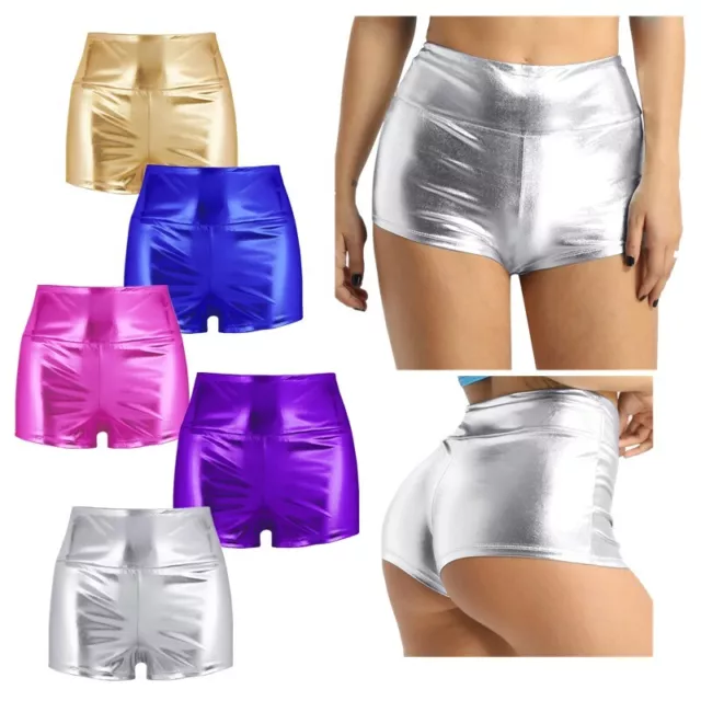 Womens Shiny High-waisted Shorts Bottoms Sports Gymnastic Workout Dance Costumes