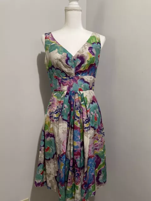 Suzi Chin Maggy Boutique Silk Blend Midi Dress Size 6 Watercolor Print V-Neck