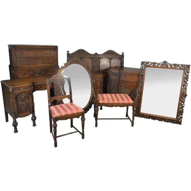 Antique Oak Bedroom Set, Carved 9 Piece Oak Bed Suite #21044