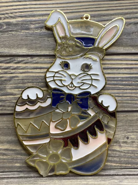 Vtg Stained Gift Co Plastic Hand Painted Easter Bunny Eggs Suncatcher 9”