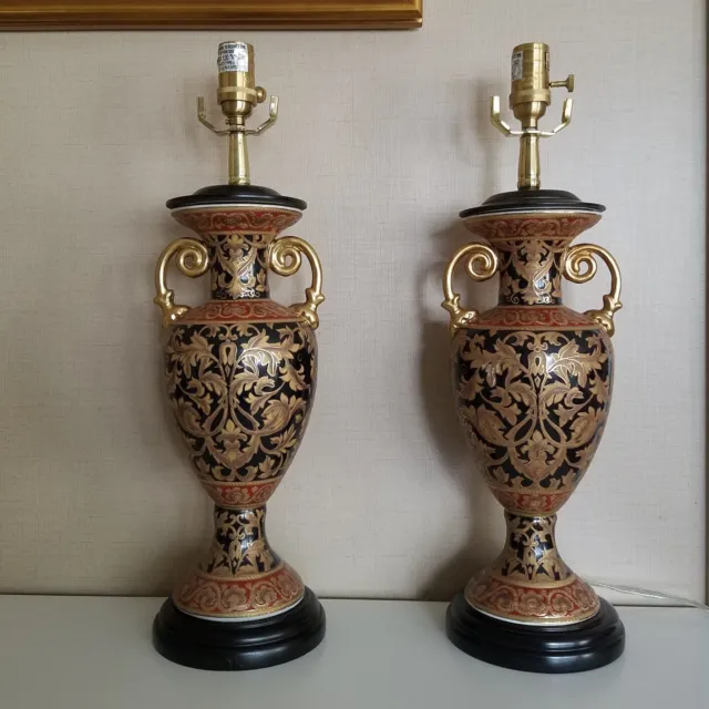 Bombay Urn Style Porcelain Lamp Set of 2 Gold Accents Victorian