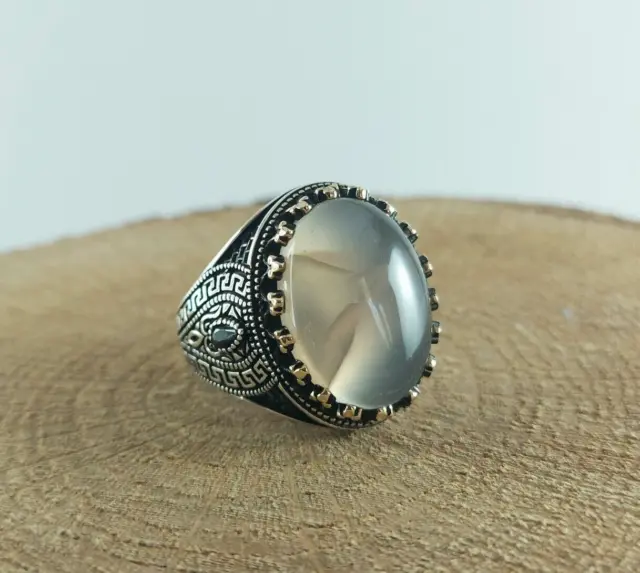 925 Sterling Silver Handmade Men's Ring with Oval Shape Yemeni Agate Stone