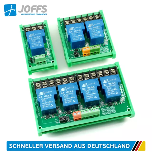 1/2/4-Kanal 30A Relais Modul 5V/12V/24V Hutschiene (Din Rail High/Low Trigger)