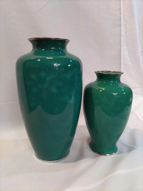 CLOISONNE ware Vase H 9.8 & 7.4 inch emerald green Flower pattern Japanese art