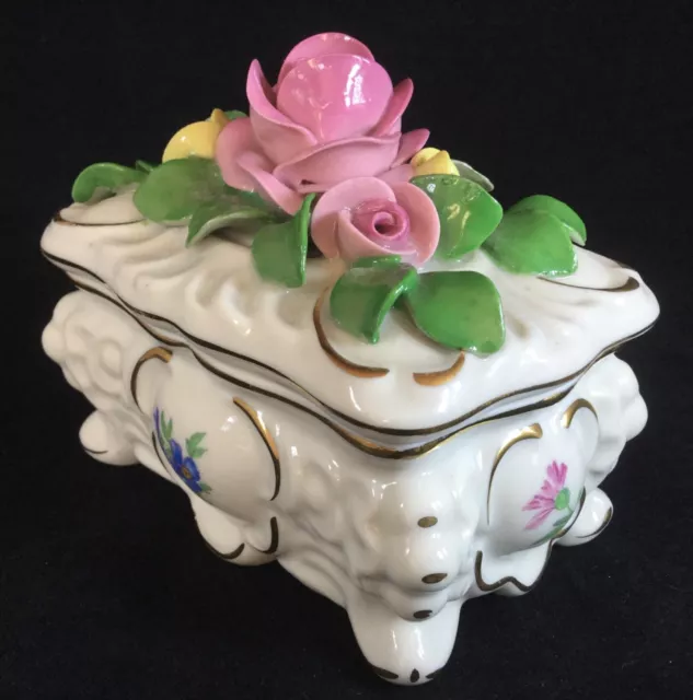 DRESDEN MB China Relief Applied Floral Rose Lidded Trinket Box #1516 Impressed