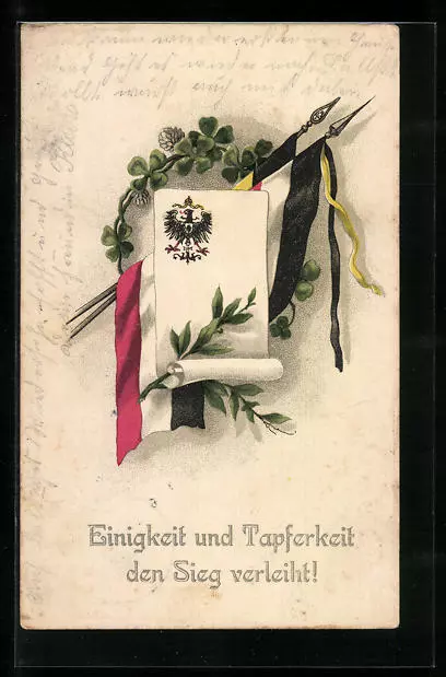 AK Kleeblätter mit Papier und Flaggen, Einigkeit und Tapferkeit... 1916