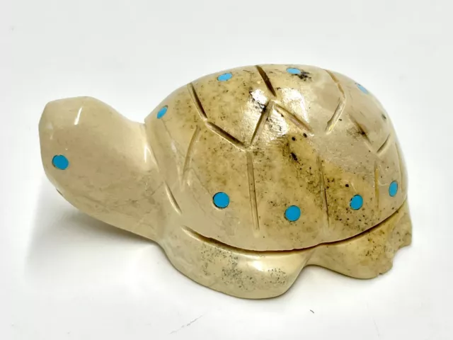 Zuni Fetish Hand Carved Stone Tortoise / Turtle Embedded With Turquoise Signed