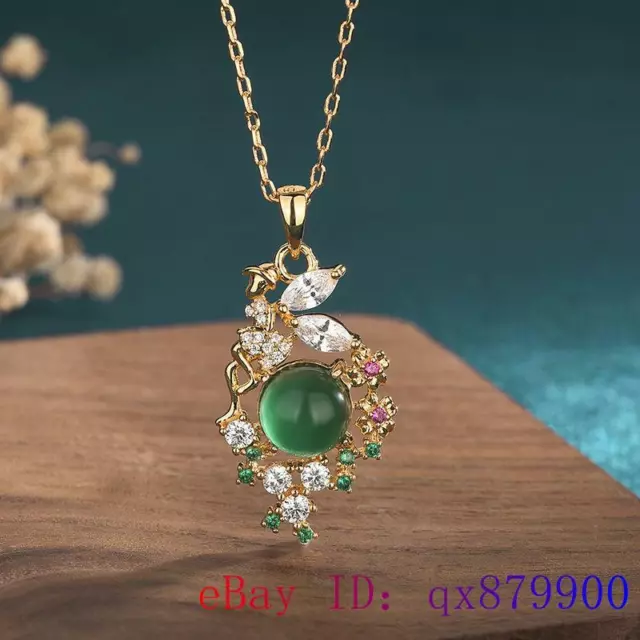 Green Jade Flower Necklace Pendant Choker Jewelry Man Charms Natural 925 Silver