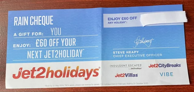 Jet2 Rain Cheque Voucher £60 off holiday until 31/10/25. Book by 31st May 2024