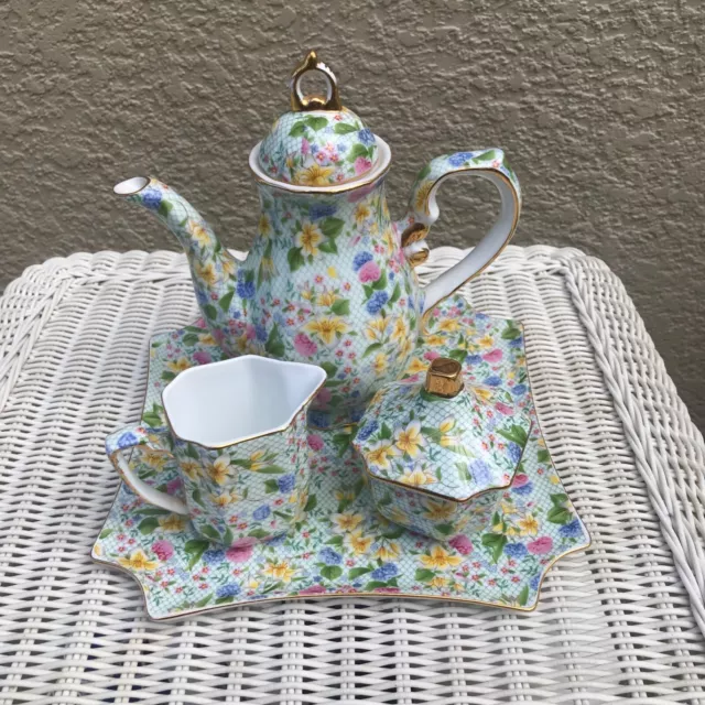 Two’s Company Tray Tea Set Teapot Sugar Bowl Creamer Chintz Dana Pattern