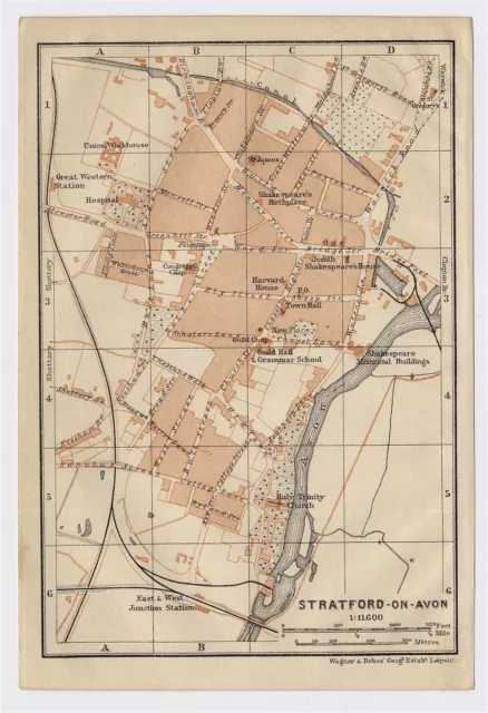 1906 Antique City Map Of Stratford-Upon-Avon / On-Avon / Warwickshire / England